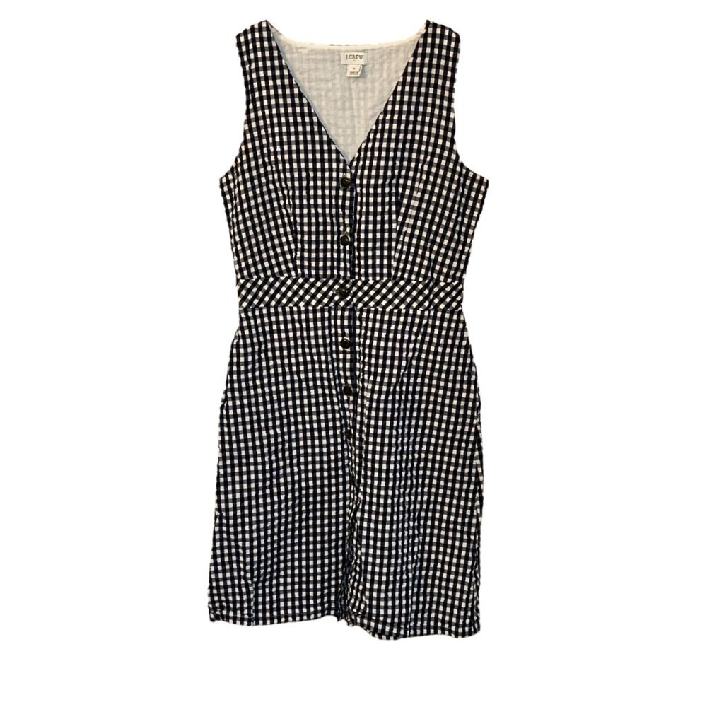 J. Crew Factory V Neck Button Front Navy Gingham Sleeveless Dress 0‎ Lined